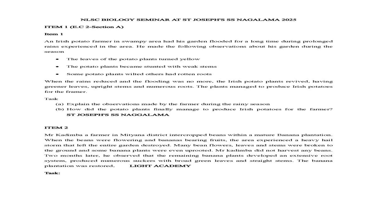 St. Joseph ss Naggalama Biology seminar Questions 2025