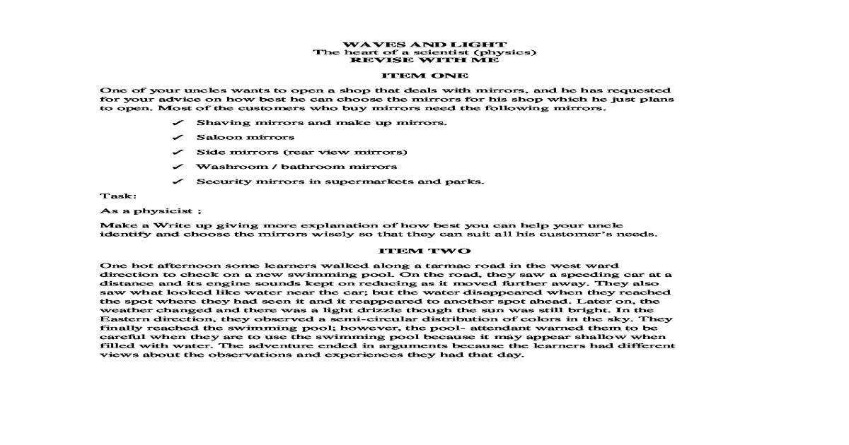 Physics s3 waves and light scenario item