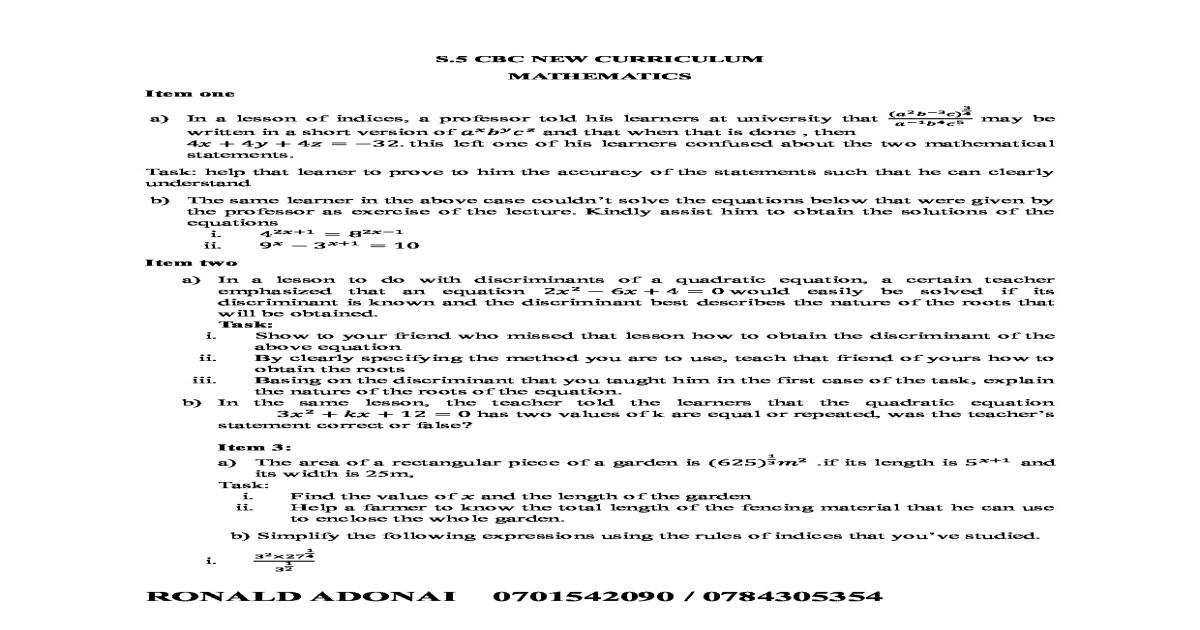 Mathematics s5 scenario items