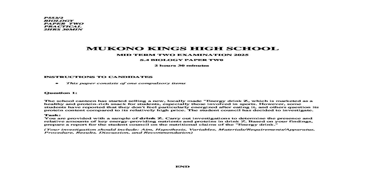 S.4 Biology Paper 2 Mid Term 2025
