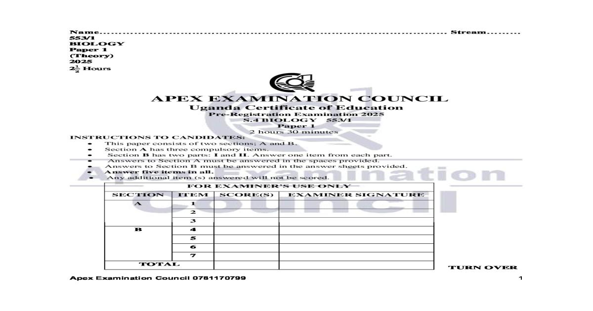 Apex Examination Council 2025 Biology 533 paper 1
