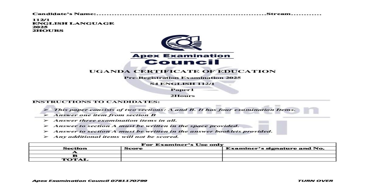 Apex Examination Council 2025 English Paper 1