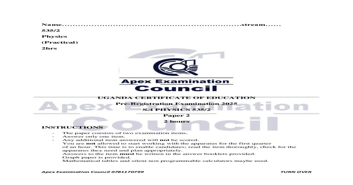 Apex Exanination Council 2025 Physics paper 2