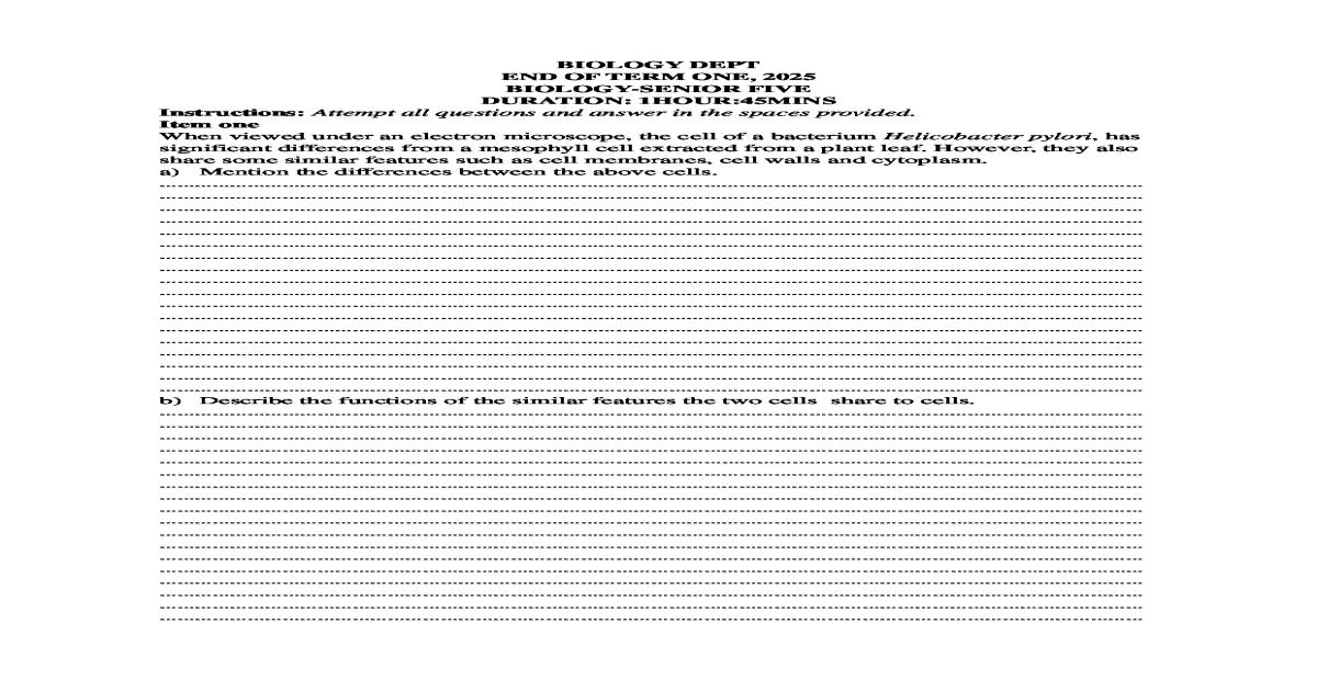 S.5 BIOLOGY END OF TERM ONE