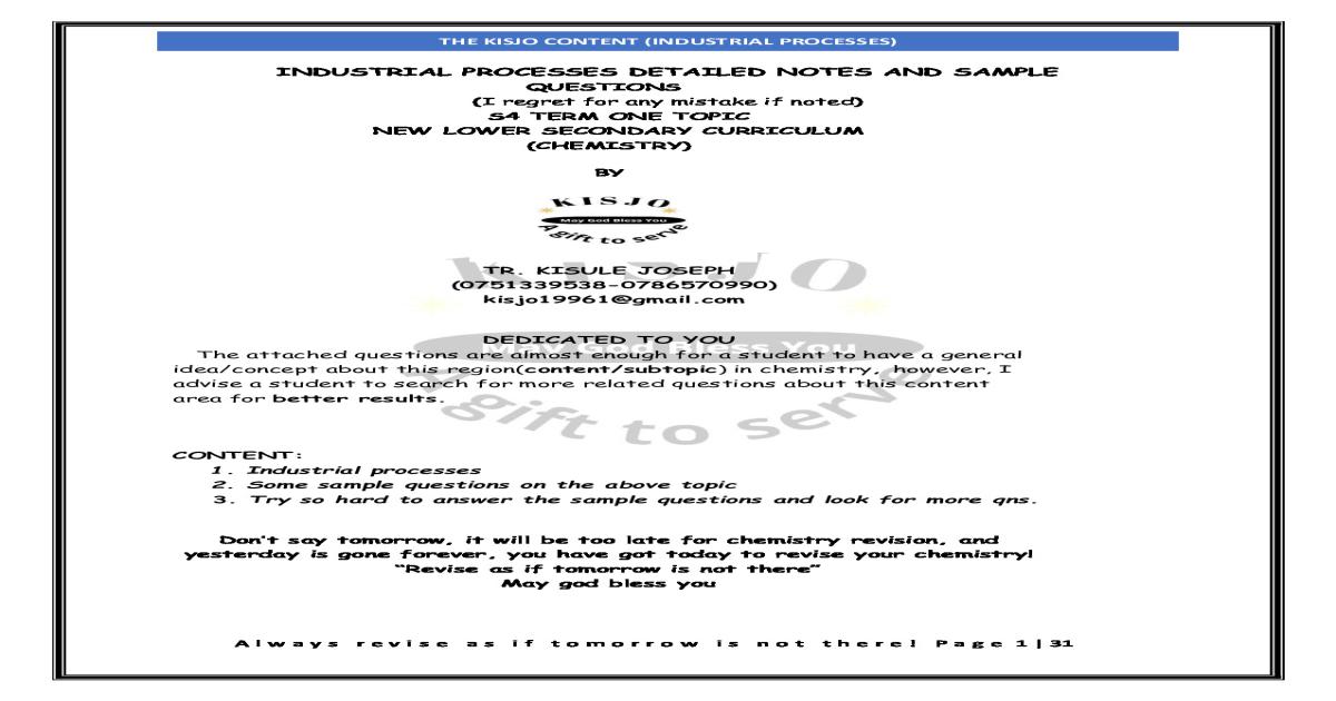 Industrial Processes Edition One Notes