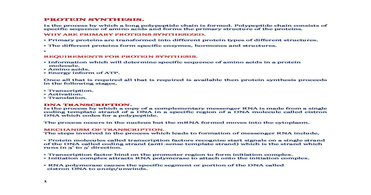 S5 Biology PROTEIN SYNTHESIS NOTES