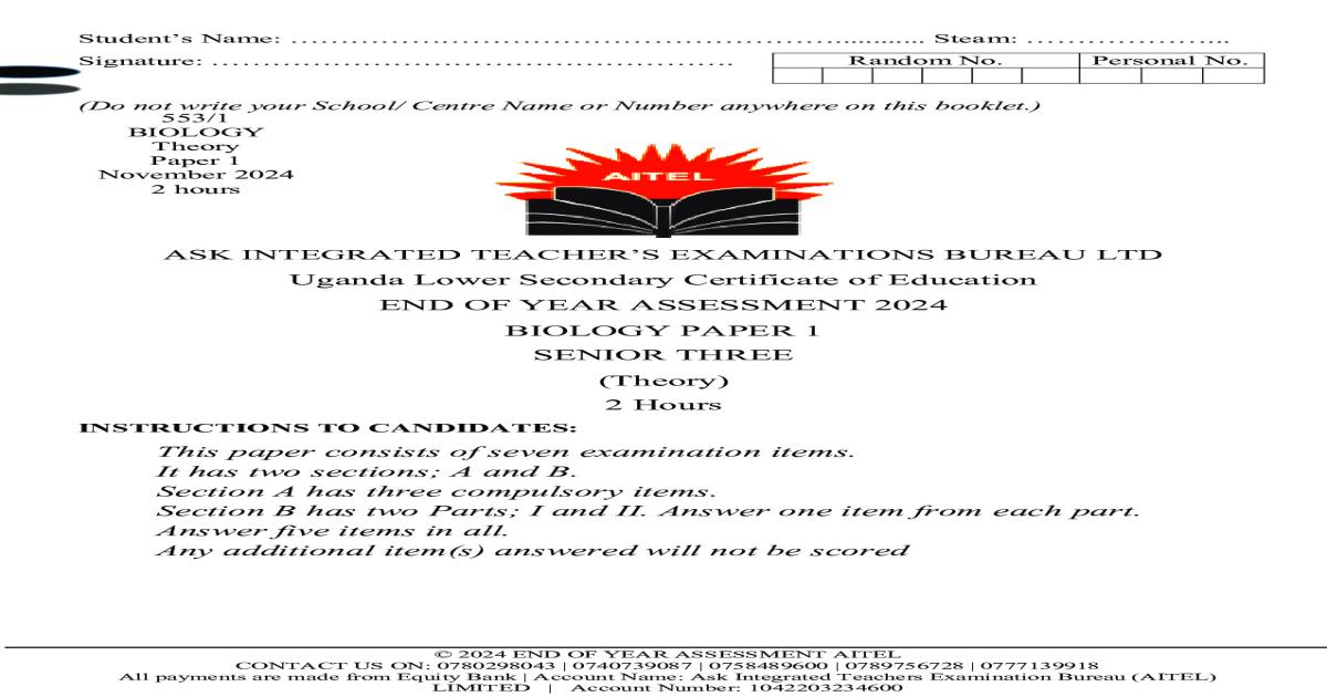BIOLOGY 1 AITEL  S.3 ASSESSMENT