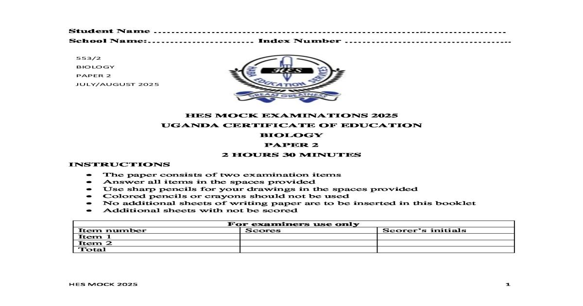 HES Mock Biology Paper 2 2025