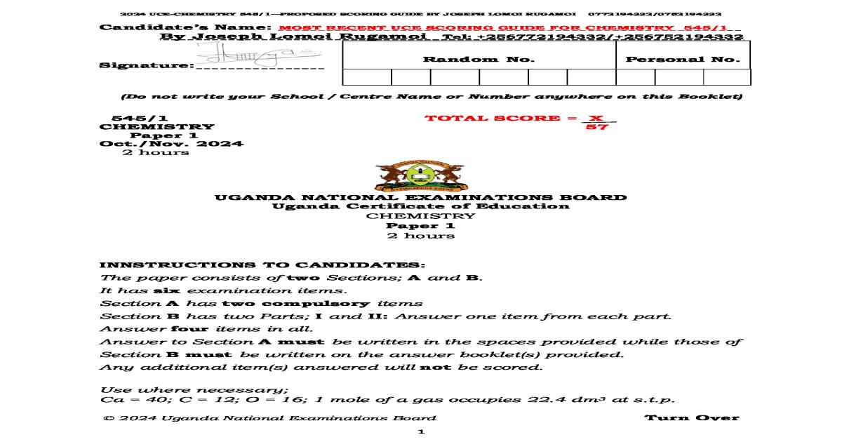 2024 UCE CHEMISTRY 5451 PROPOSED SCORING GUIDE BY JOSEPH LOMOI RUGAMOI