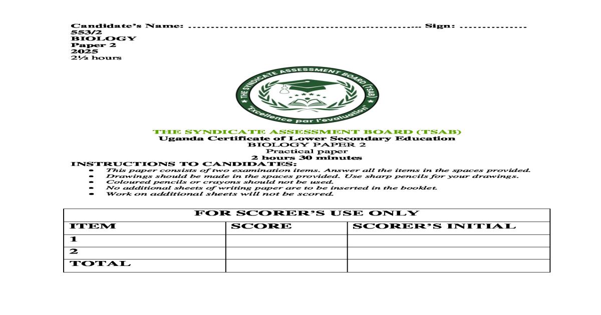 S4 Biology Practical Paper by TSAB (553/2)