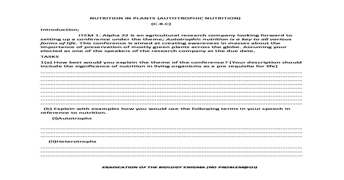 NUTRITION IN PLANTS (AUTOTROPHIC NUTRITION) O-Level