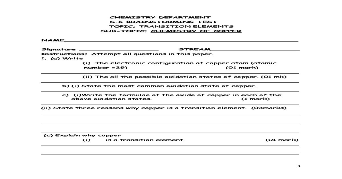 TRANSITION ELEMENTS SUB-TOPIC; CHEMISTRY OF COPPER