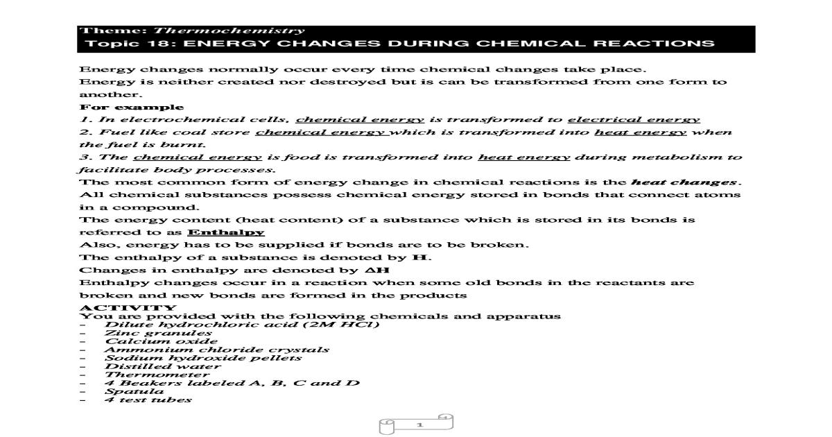 ENERGY CHANGES DURING CHEMICAL REACTIONS