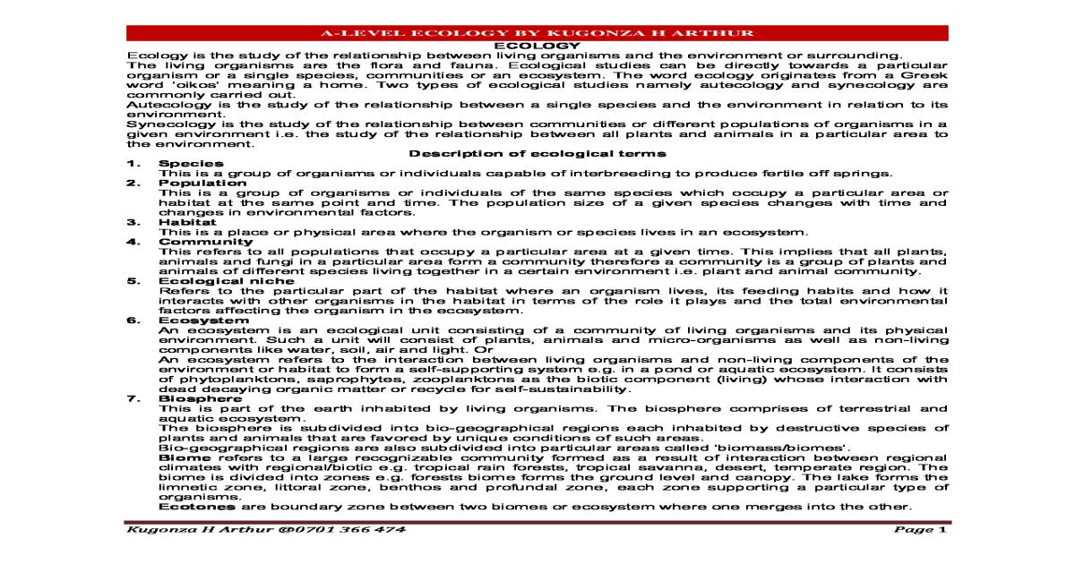 A-LEVEL ECOLOGY BY KUGONZA H ARTHUR