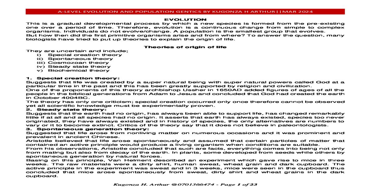 EVOLUTION AND POPULATION GENTICS