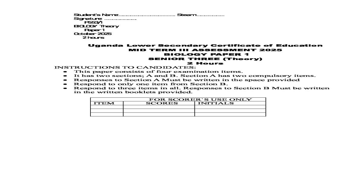 Senior Three Biology Paper 1 Term Three Assessment Examination