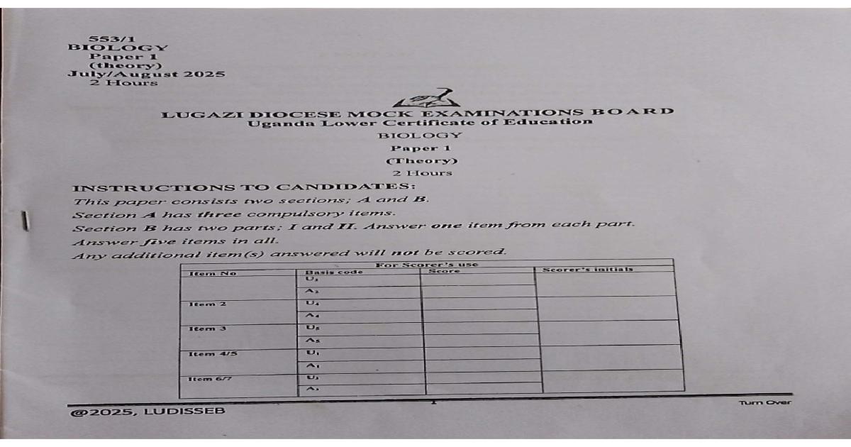 Lugazi Diocese Biology Paper 1 Mock 2025
