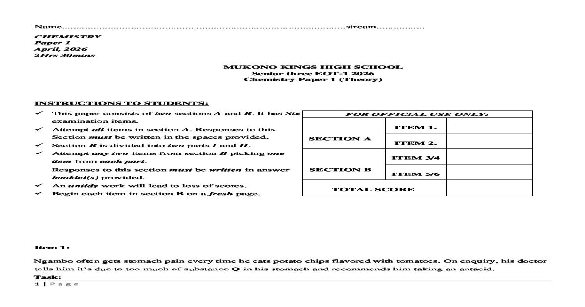 UCE S3 Chemistry End of Term 1 Exam Paper 2026
