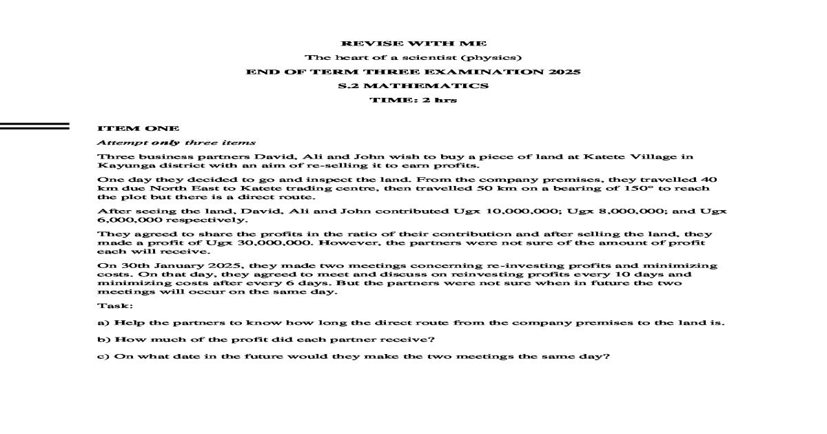 S2 Mathematics End of Term 3 Exam Paper 2025