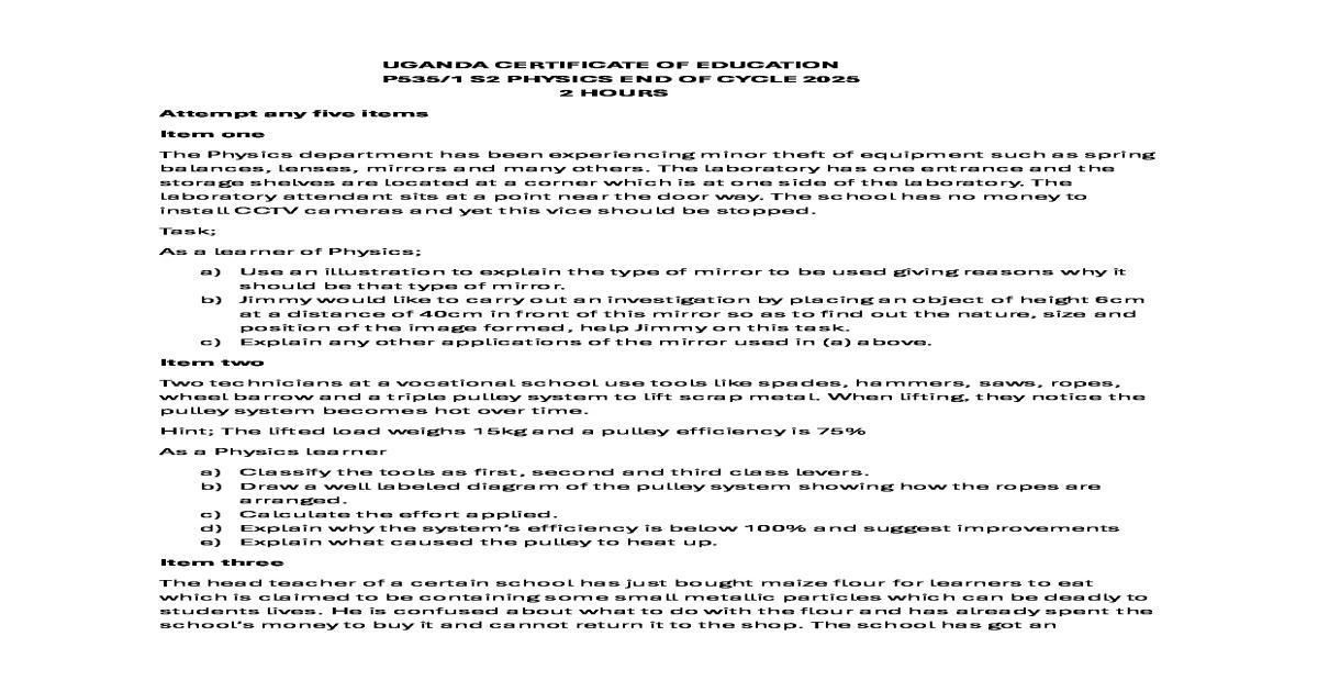 Senior 2 Physics End of Year Exam Paper 2025