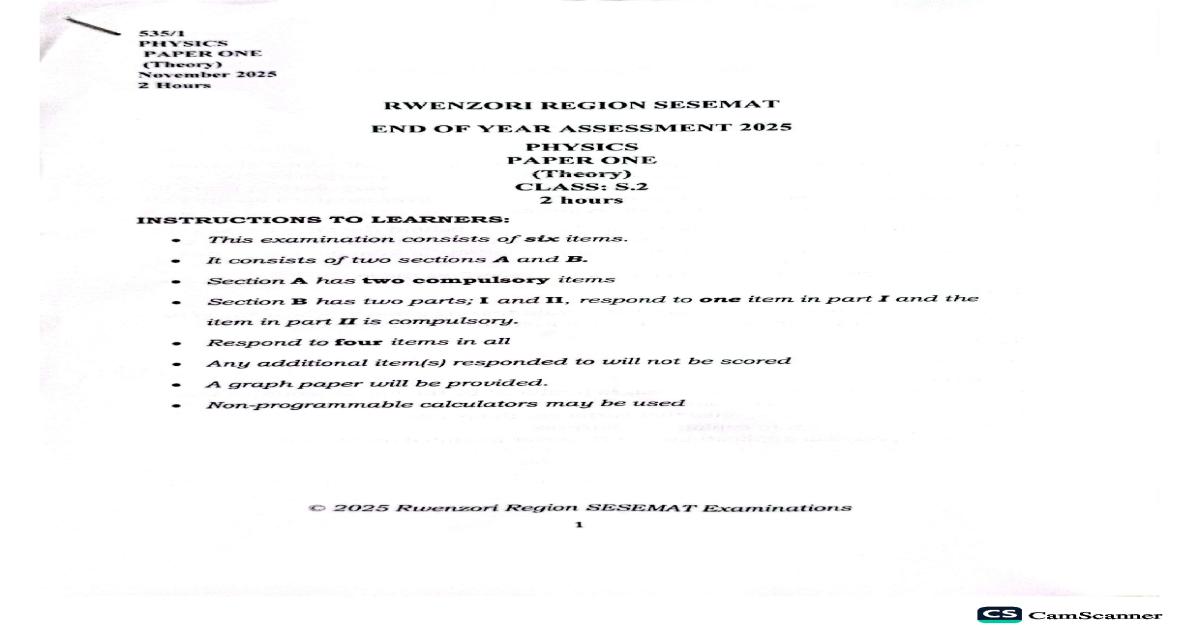 SESSMAT Rwenzori Senior 2 (S.2) Physics 2025 Exam Paper