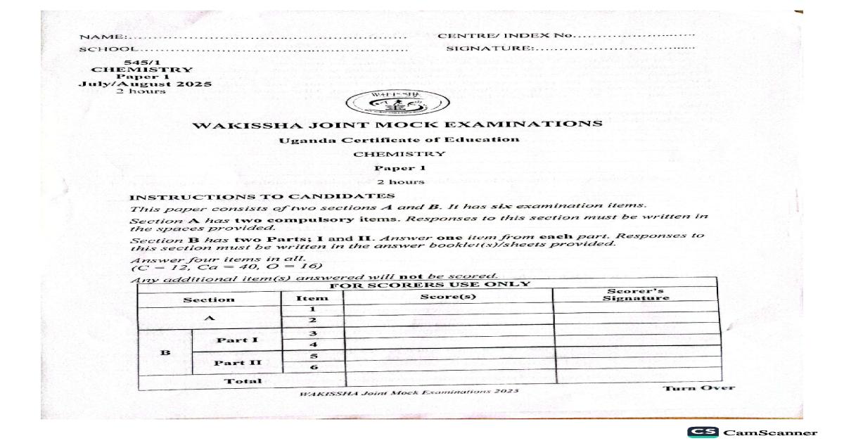 UCE S4 Chemistry Paper 1 (Wakisha) 2025