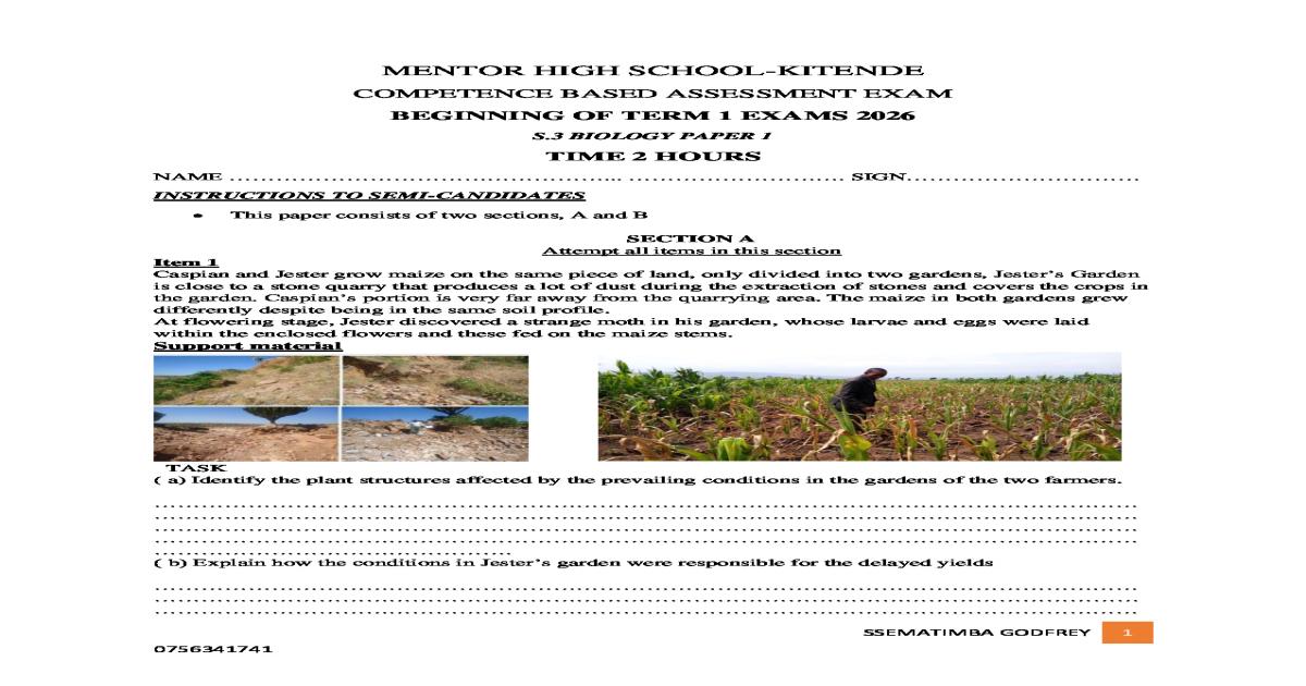 Senior 3 Biology Beginning of Term 1 Exam Paper (BOT 1) - 2026