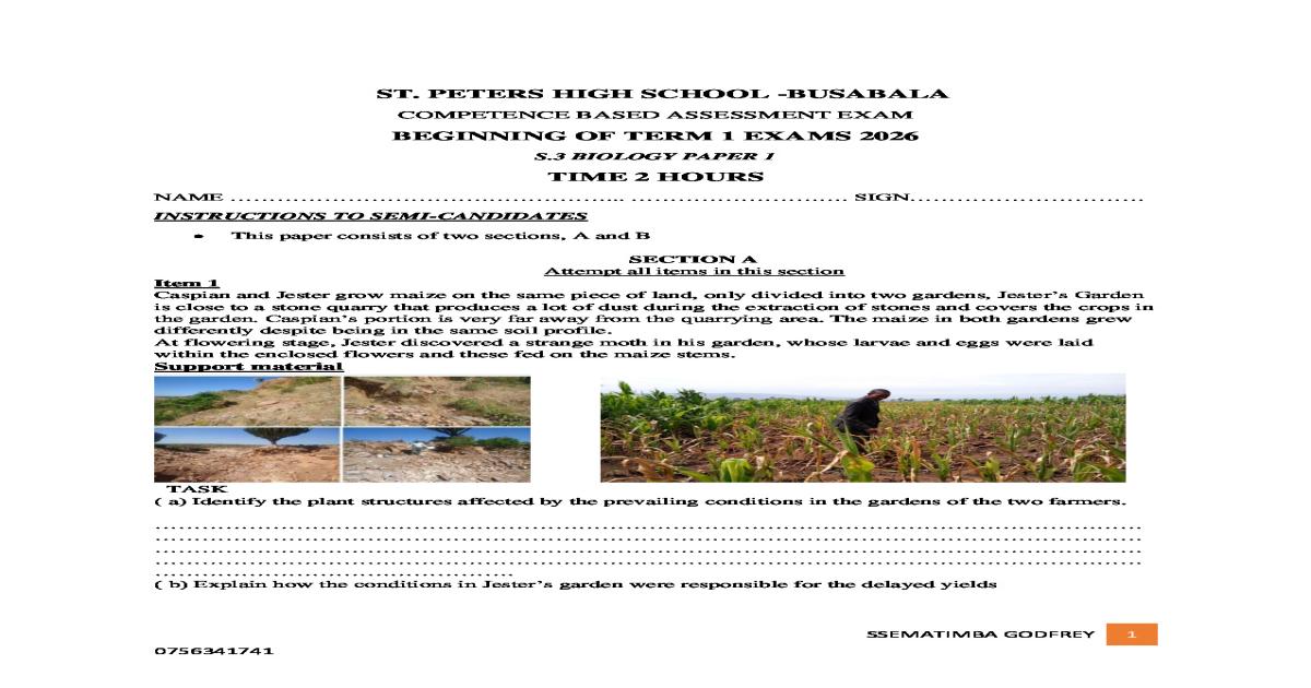 Senior 3 Biology Beginning Of Term Exam 2025