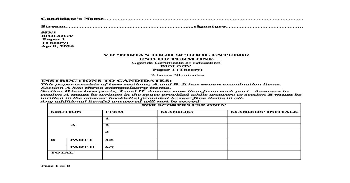 S.4 Biology End of Term 1 Examination 2026