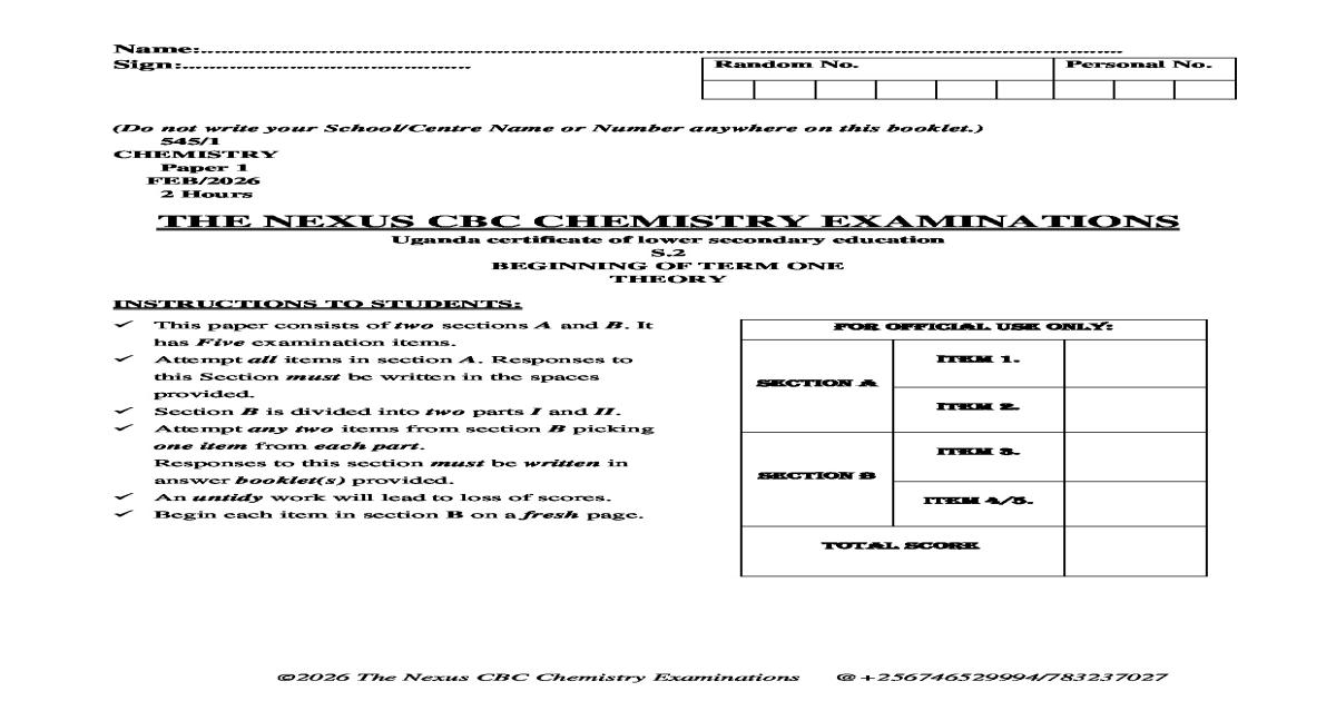 Senior 2 Chemistry Beginning of Term 1 Exam (2026)