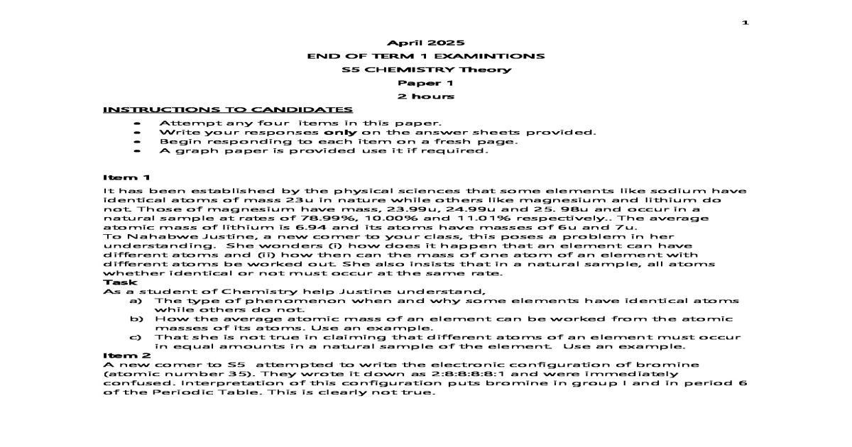S5 Chemistry Paper 1 (EOT 1) 2025 - Uganda National Examinations Board (UNEB)