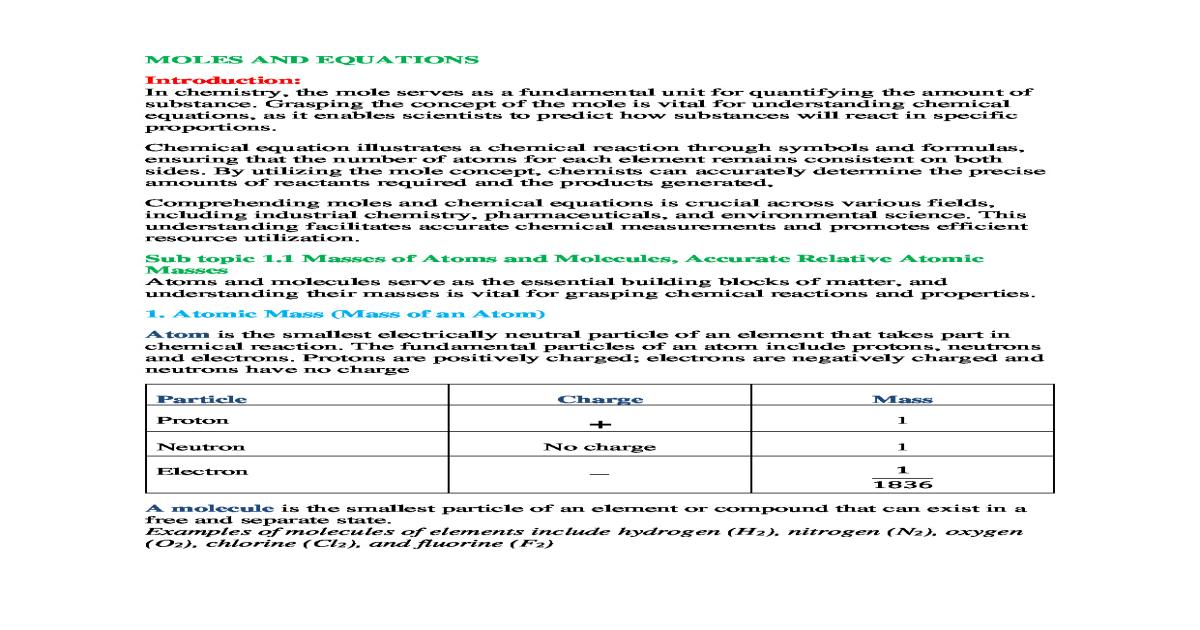 Moles and Equations Chemistry Notes CBC (UNEB)
