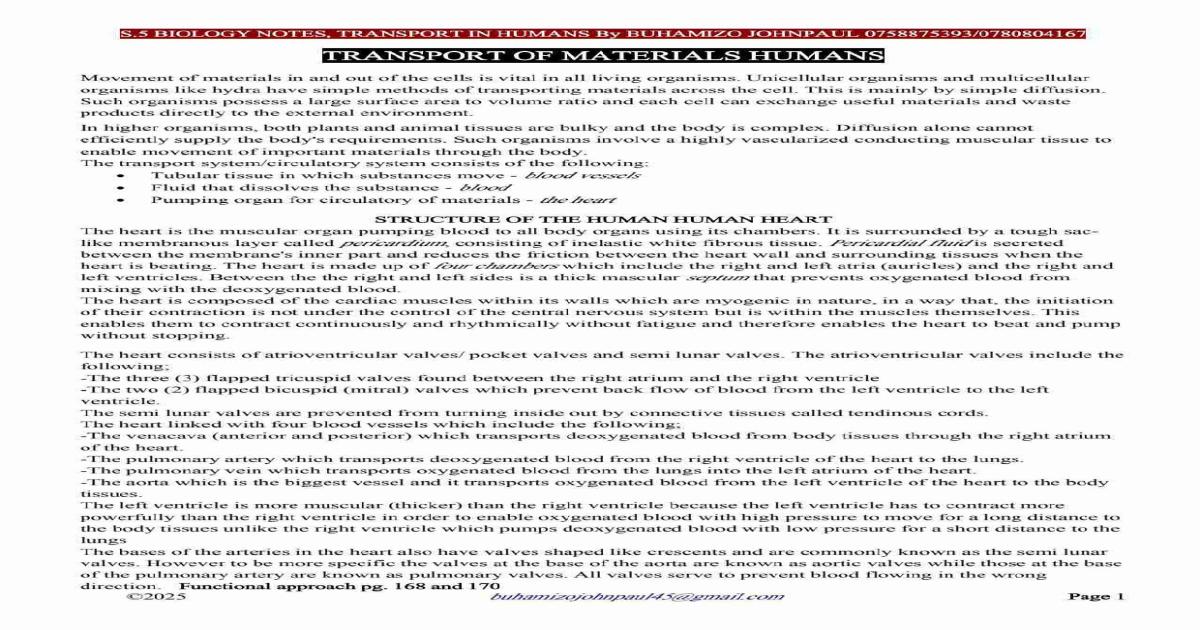 Transport in Humans Notes (2025) by BUHAMIZO JP.
