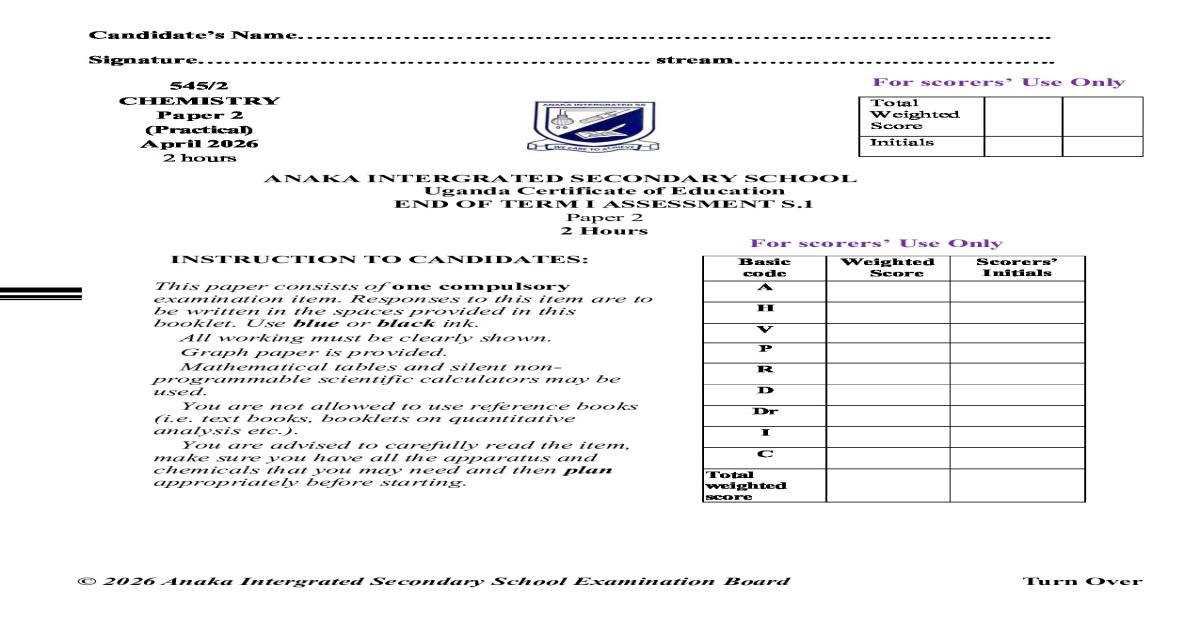 S.1 Chemistry End of Term Exam Paper 2  CBC