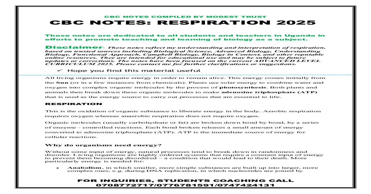 Senior 5 (S5) Biology Notes: Respiration 2026