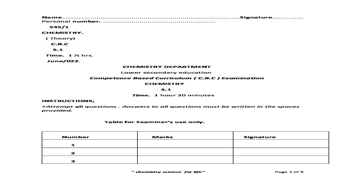 Competence Based Curriculum (CBC) Chemistry S.1 Examination Paper