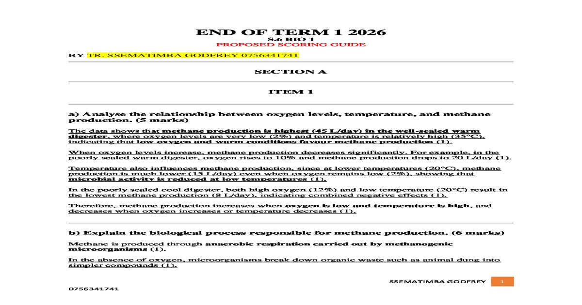 Senior 6 Biology Paper 1 End of Term 1 2026 Proposed Guide