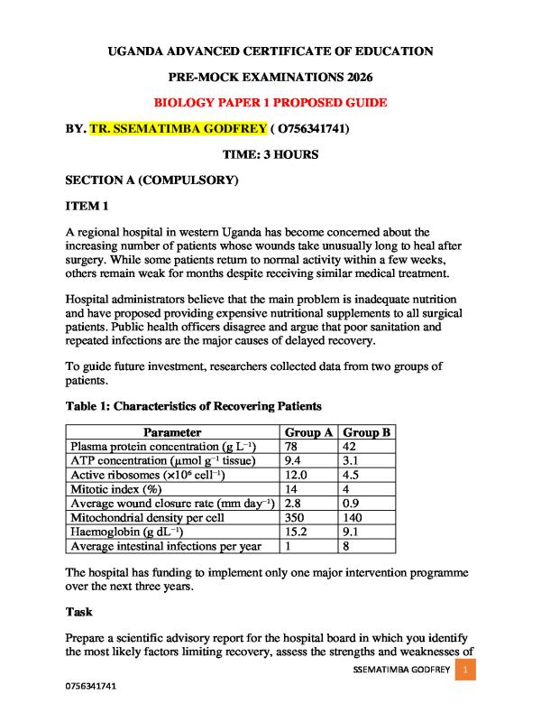 S.6 Biology Pre-Mock Exams 2026 Proposed Guide