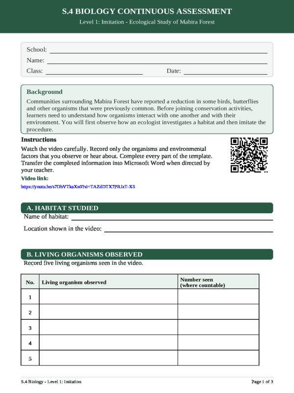 Senior 4 Biology CBC Term 2 Continuous Assessment Item Level 1