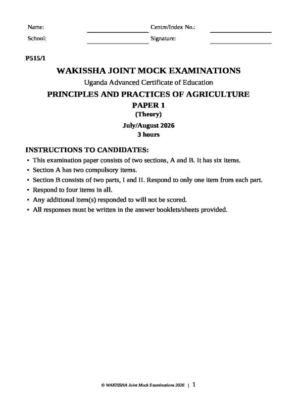 WAKISHA UACE Agriculture Paper 1 Past Paper - 2026