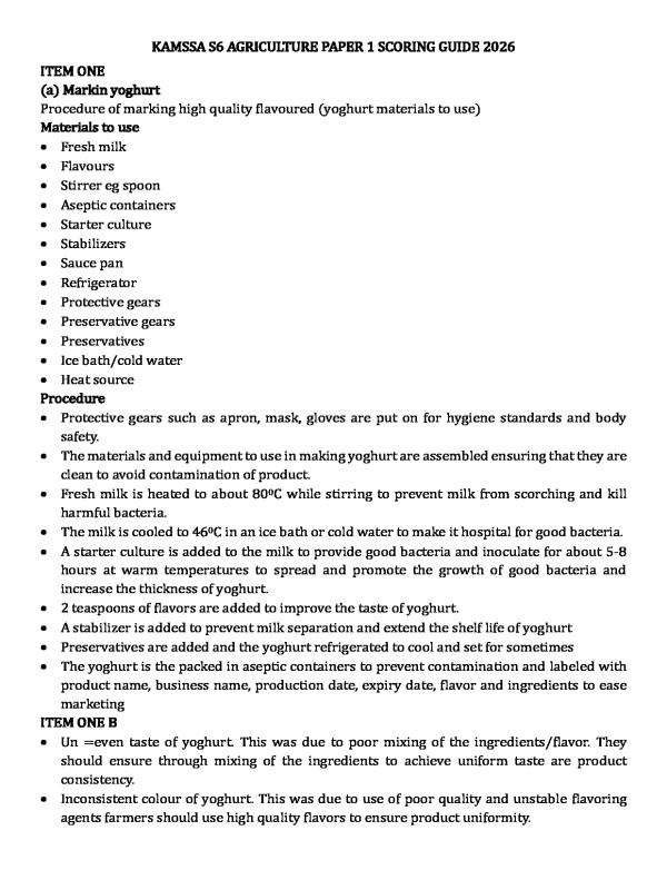 S6 Agriculture Paper 1 Study Guide