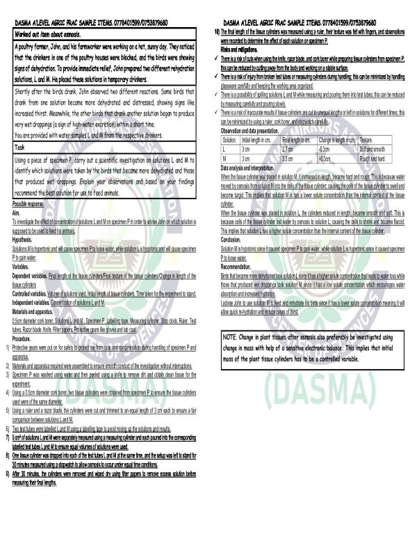 UACE Agriculture Practical Items and Their Responses