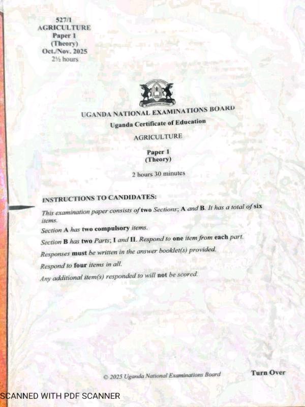 UCE Agriculture (UNEB) Exam Paper 2025