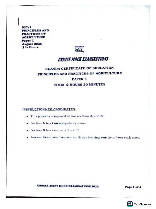 UNNASE Mock UCE Agriculture Paper 2025