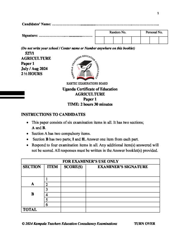 S.3 & S.4 Agriculture Revision Paper - UNEB Uganda