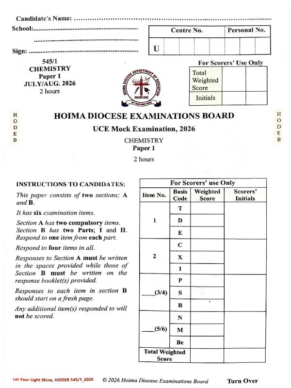2026 HODEB UCE Chemistry Paper 1 Mock Exam (545/1)