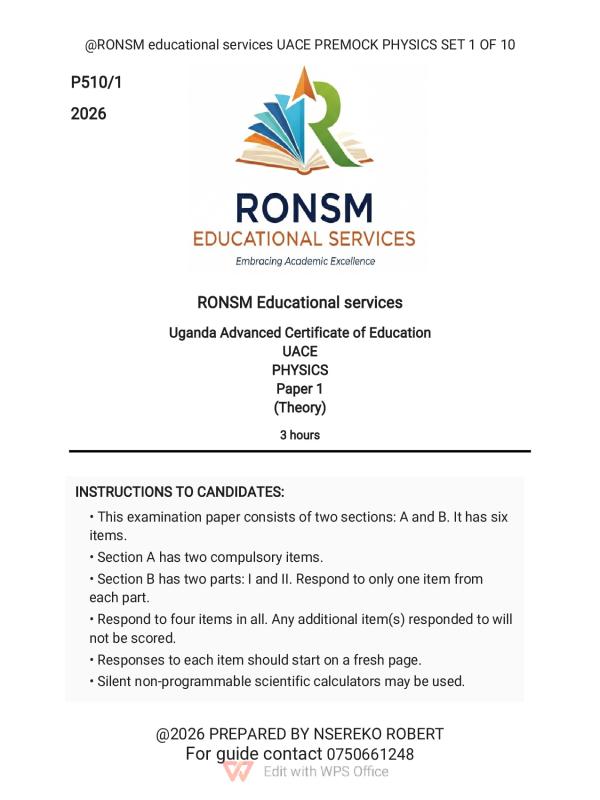 UACE Physics Pre-Mock Examination Set 1 by RONSM