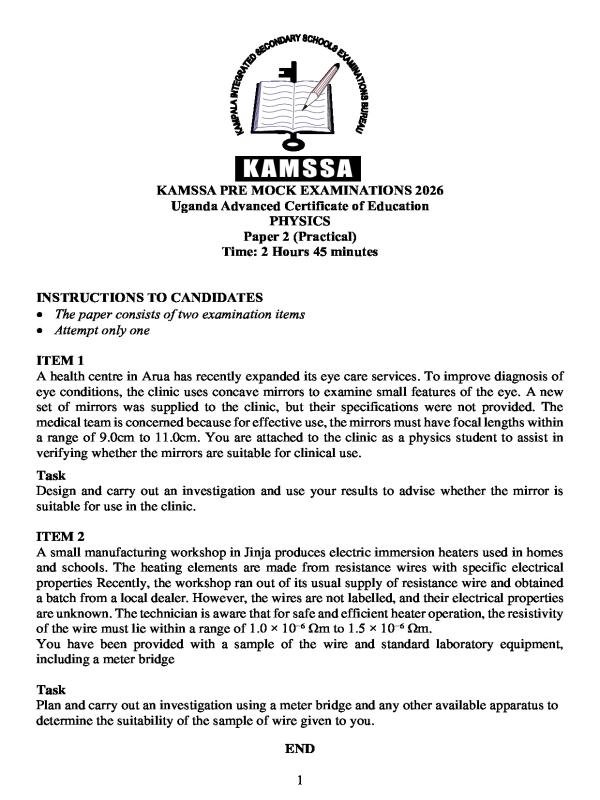 KAMSSA UACE Physics Paper 2 Mock Examinations 2026