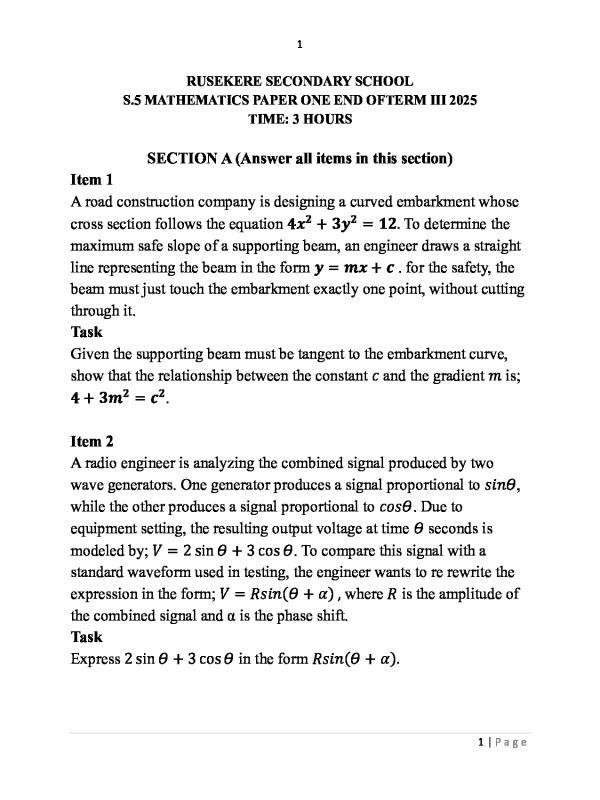 S.5 Mathematics Paper One End of Term 3