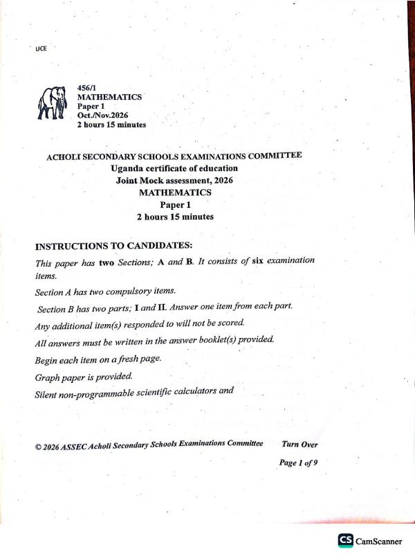 Uganda Certificate of Education (UCE) Mathematics Past Paper - 2026
